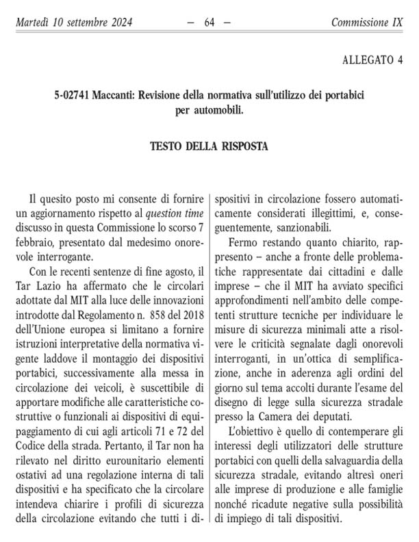 QUESTION TIME 5-02741 Revisione della normativa sull’utilizzo dei portabici per automobili 10/09/2024